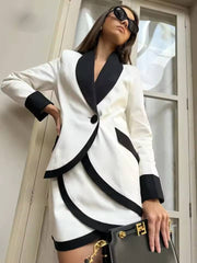 Elegant Patchwork Single Button Pockets Shirts And Mini Skirts 2 Piece Set