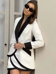 Elegant Patchwork Single Button Pockets Shirts And Mini Skirts 2 Piece Set