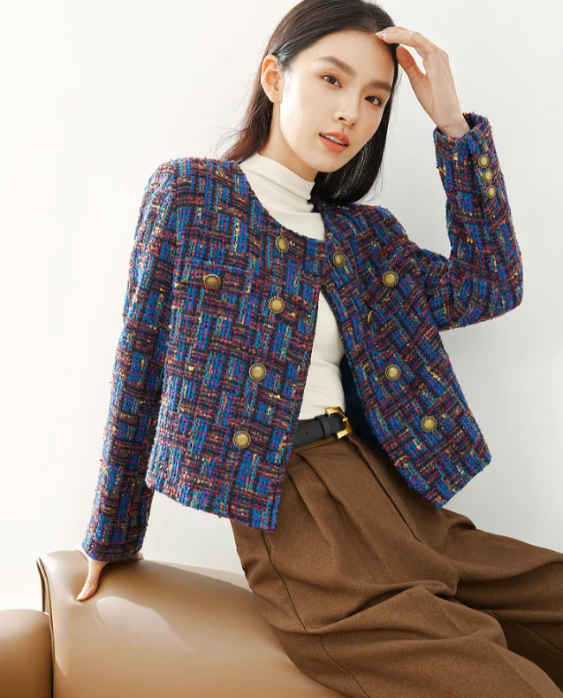 Elegant Full Sleeve Contrast Plaid Double Breasted Short Woolen Outerwear Coat