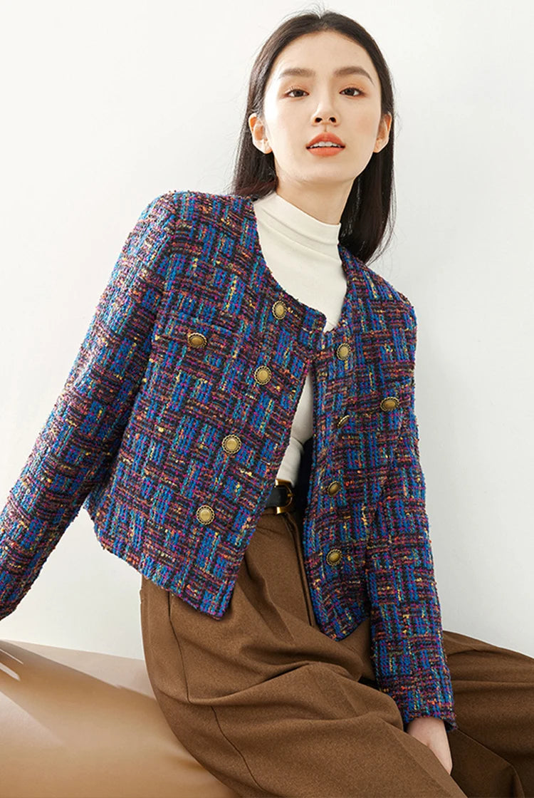 Elegant Full Sleeve Contrast Plaid Double Breasted Short Woolen Outerwear Coat