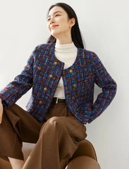 Elegant Full Sleeve Contrast Plaid Double Breasted Short Woolen Outerwear Coat