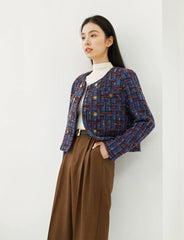 Elegant Full Sleeve Contrast Plaid Double Breasted Short Woolen Outerwear Coat