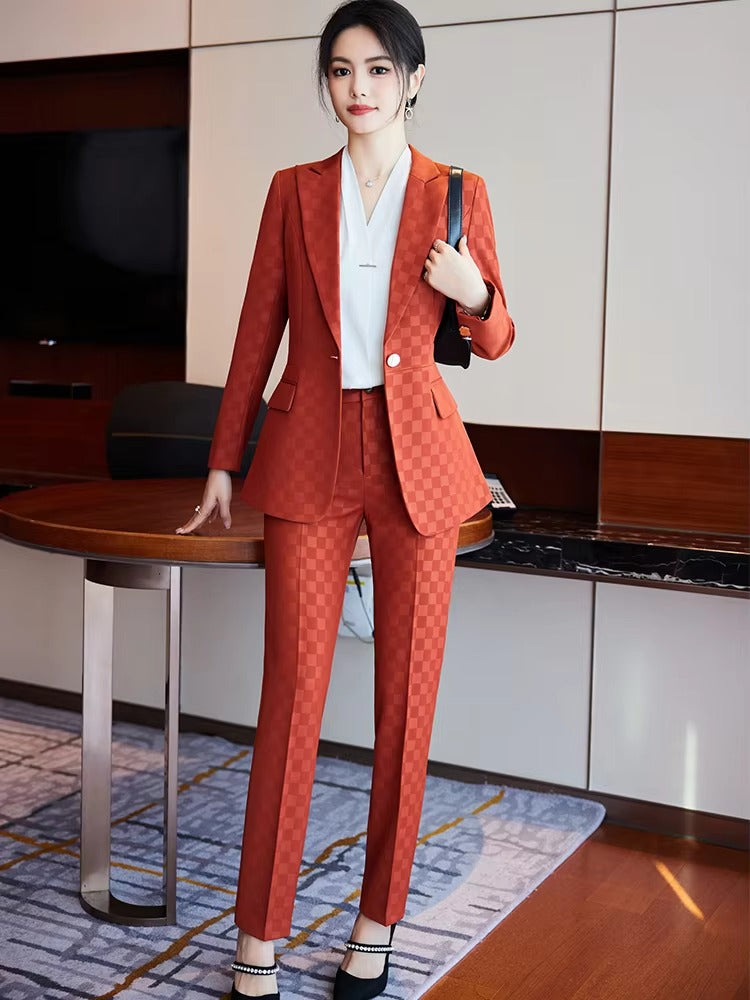 Elegant Plaid Notched Business Work Wear Jacket Blazer pencil pants Formal 2 Piece Pant Suit