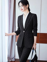 Elegant Plaid Notched Business Work Wear Jacket Blazer pencil pants Formal 2 Piece Pant Suit