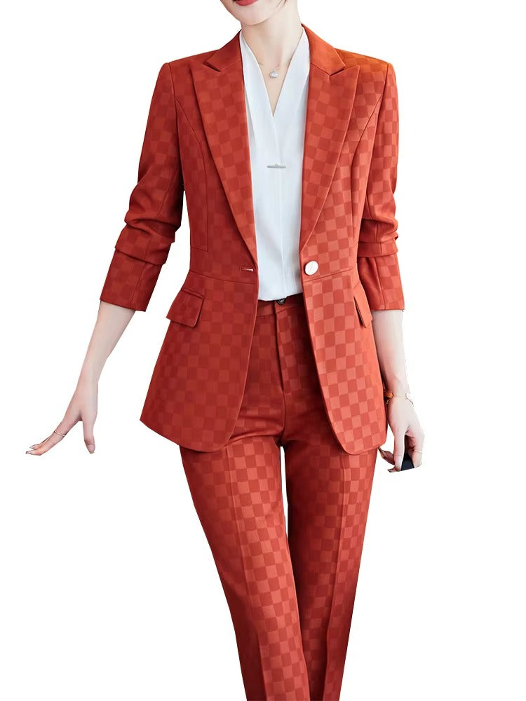 Elegant Plaid Notched Business Work Wear Jacket Blazer pencil pants Formal 2 Piece Pant Suit