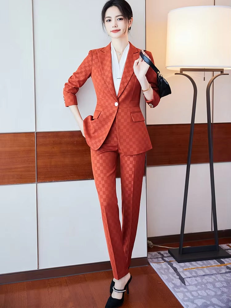 Elegant Plaid Notched Business Work Wear Jacket Blazer pencil pants Formal 2 Piece Pant Suit