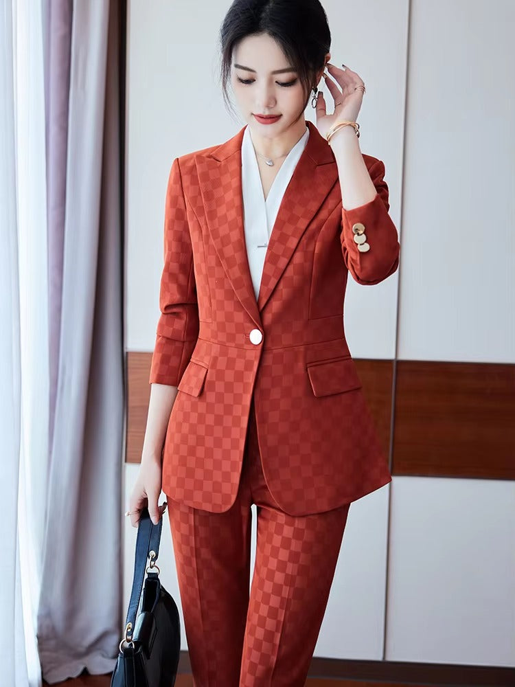 Elegant Plaid Notched Business Work Wear Jacket Blazer pencil pants Formal 2 Piece Pant Suit