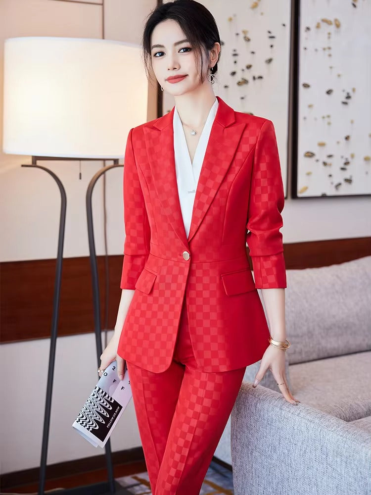 Elegant Plaid Notched Business Work Wear Jacket Blazer pencil pants Formal 2 Piece Pant Suit