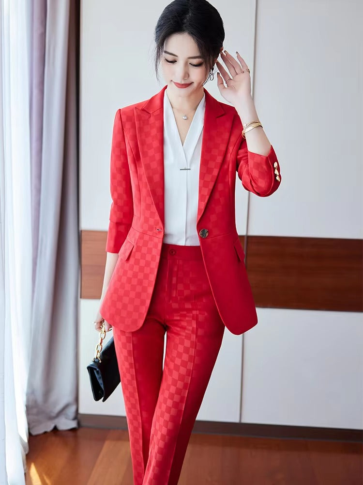 Elegant Plaid Notched Business Work Wear Jacket Blazer pencil pants Formal 2 Piece Pant Suit