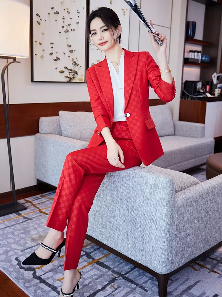 Elegant Plaid Notched Business Work Wear Jacket Blazer pencil pants Formal 2 Piece Pant Suit