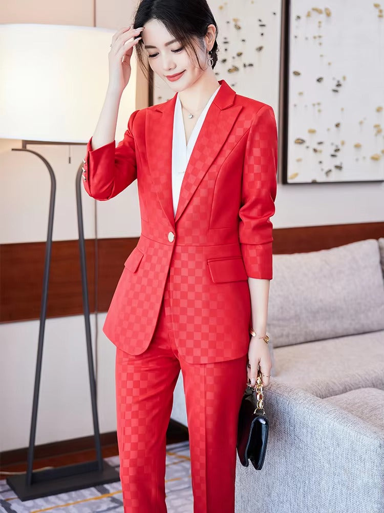 Elegant Plaid Notched Business Work Wear Jacket Blazer pencil pants Formal 2 Piece Pant Suit