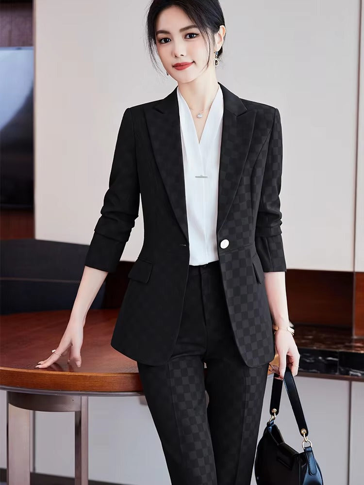 Elegant Plaid Notched Business Work Wear Jacket Blazer pencil pants Formal 2 Piece Pant Suit