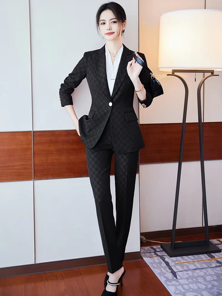 Elegant Plaid Notched Business Work Wear Jacket Blazer pencil pants Formal 2 Piece Pant Suit