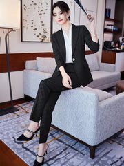 Elegant Plaid Notched Business Work Wear Jacket Blazer pencil pants Formal 2 Piece Pant Suit