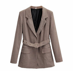 Elegant Plaid Suit Blazer With Belt
