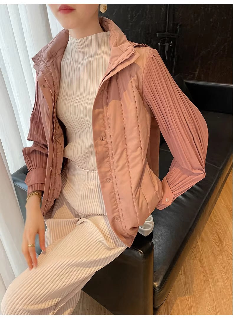 Elegant Pleated Hooded Zipper Solid Color Warm Versatile Full Sleeve Cotton Coat
