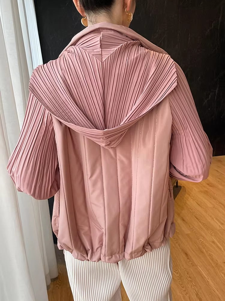 Elegant Pleated Hooded Zipper Solid Color Warm Versatile Full Sleeve Cotton Coat