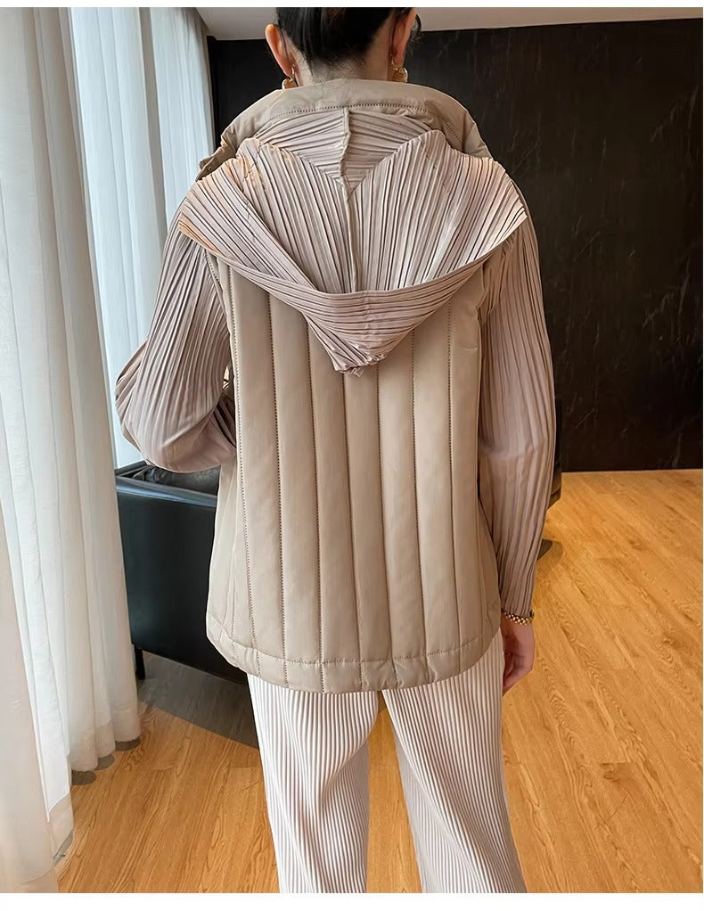 Elegant Pleated Hooded Zipper Solid Color Warm Versatile Full Sleeve Cotton Coat