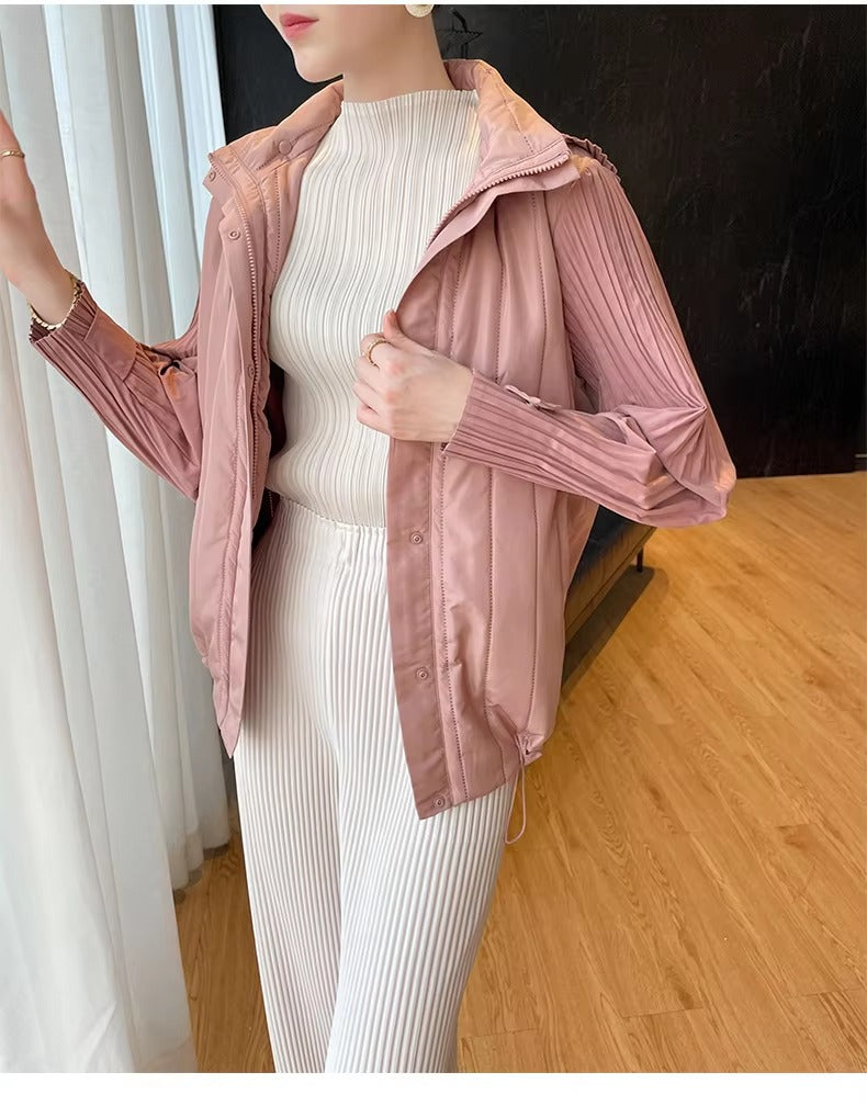 Elegant Pleated Hooded Zipper Solid Color Warm Versatile Full Sleeve Cotton Coat