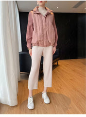 Elegant Pleated Hooded Zipper Solid Color Warm Versatile Full Sleeve Cotton Coat