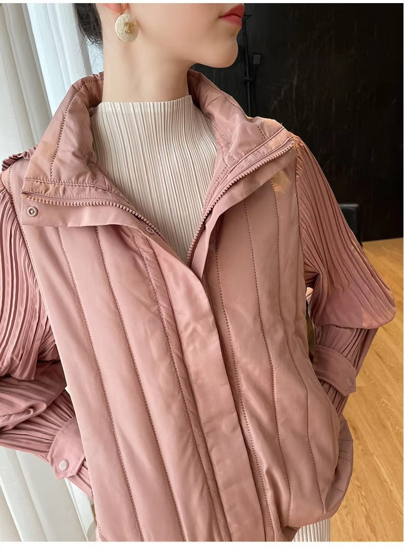 Elegant Pleated Hooded Zipper Solid Color Warm Versatile Full Sleeve Cotton Coat