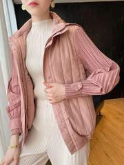 Elegant Pleated Hooded Zipper Solid Color Warm Versatile Full Sleeve Cotton Coat