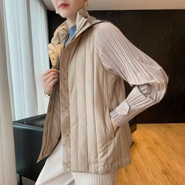 Elegant Pleated Hooded Zipper Solid Color Warm Versatile Full Sleeve Cotton Coat