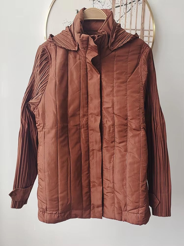Elegant Pleated Hooded Zipper Solid Color Warm Versatile Full Sleeve Cotton Coat