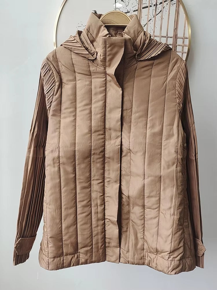 Elegant Pleated Hooded Zipper Solid Color Warm Versatile Full Sleeve Cotton Coat