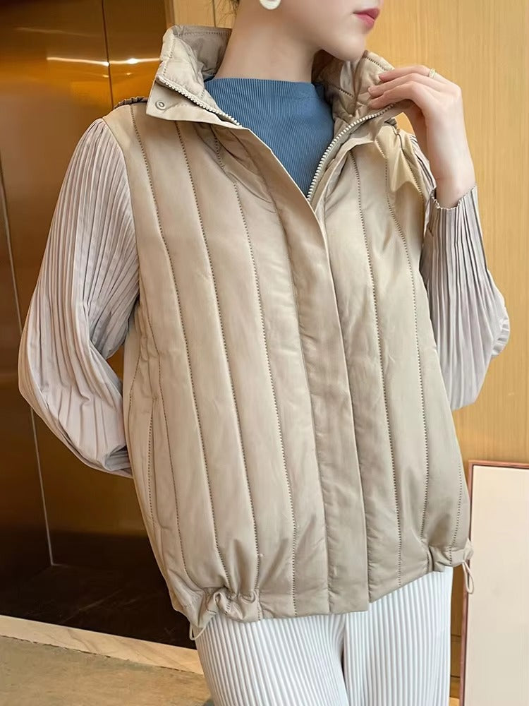 Elegant Pleated Hooded Zipper Solid Color Warm Versatile Full Sleeve Cotton Coat