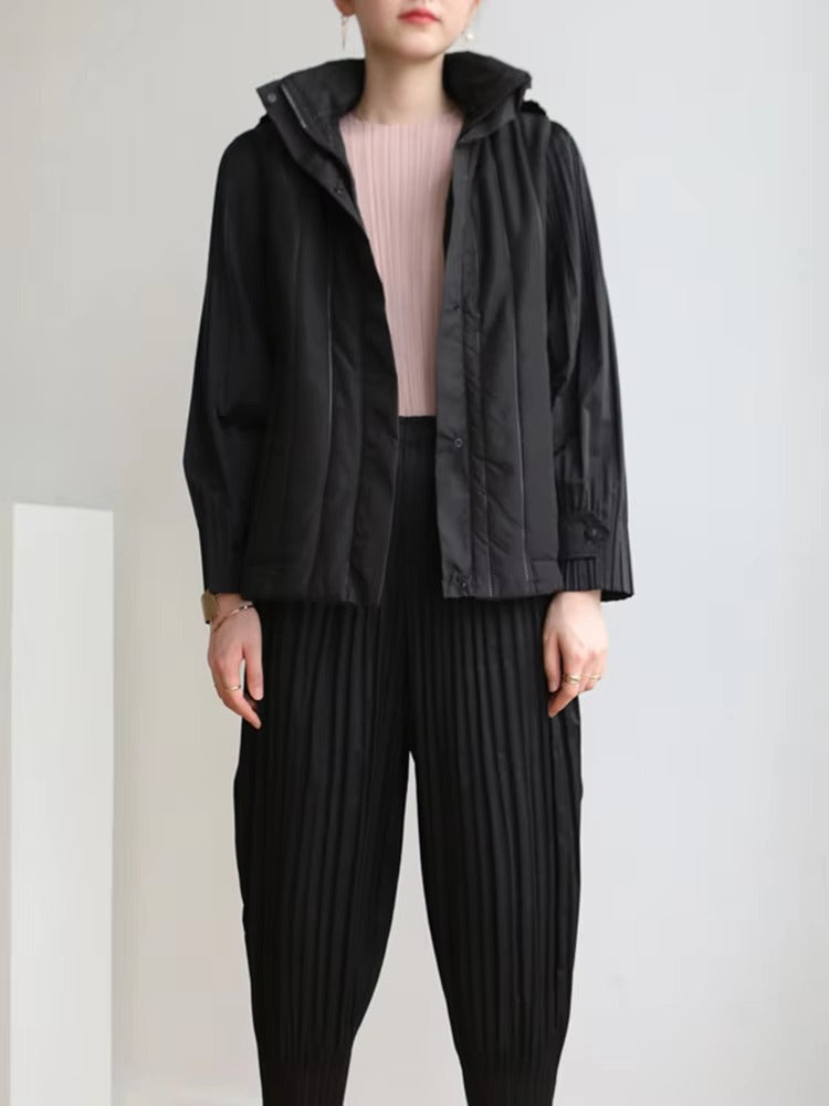 Elegant Pleated Hooded Zipper Solid Color Warm Versatile Full Sleeve Cotton Coat