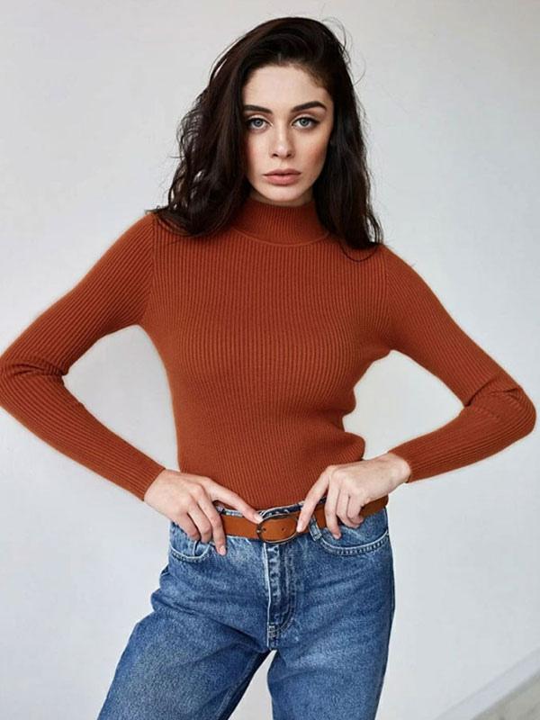 Elegant Pullovers Tops High Collar Long Sleeves Sweaters