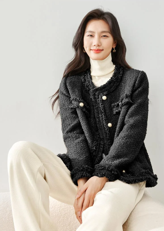 Elegant Single Breasted Quilted Tweed Wool Blend Tassel Long Sleeve Outerwear Sweater