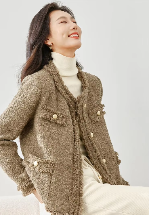 Elegant Single Breasted Quilted Tweed Wool Blend Tassel Long Sleeve Outerwear Sweater