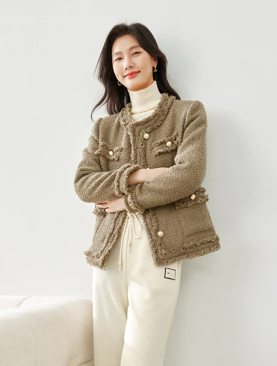 Elegant Single Breasted Quilted Tweed Wool Blend Tassel Long Sleeve Outerwear Sweater
