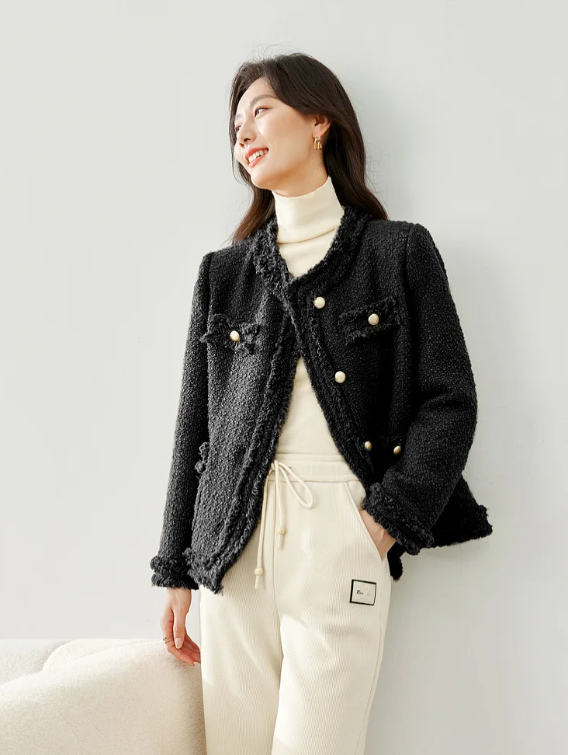 Elegant Single Breasted Quilted Tweed Wool Blend Tassel Long Sleeve Outerwear Sweater