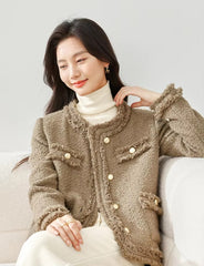 Elegant Single Breasted Quilted Tweed Wool Blend Tassel Long Sleeve Outerwear Sweater