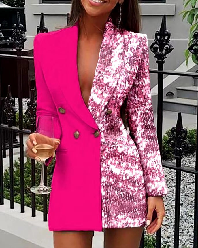 Elegant Sequein Long Sleeve Above Knee Slight Stretch Blazer