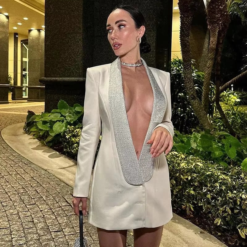 Elegant Diamonds Sequin Glitter Deep V-Neck Long Sleeve Blazer