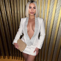 Elegant Diamonds Sequin Glitter Deep V-Neck Long Sleeve Blazer