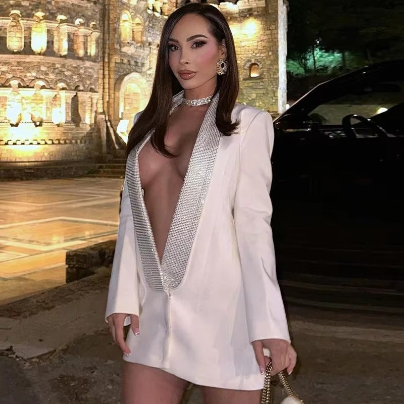 Elegant Diamonds Sequin Glitter Deep V-Neck Long Sleeve Blazer