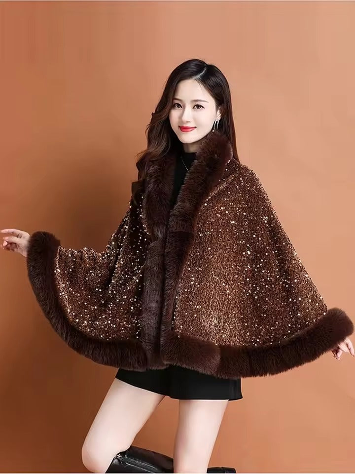 Elegant Shiny Paillette Faux Rex Rabbit Fur Cape Thicken Wraps Coat