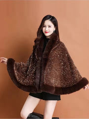 Elegant Shiny Paillette Faux Rex Rabbit Fur Cape Thicken Wraps Coat