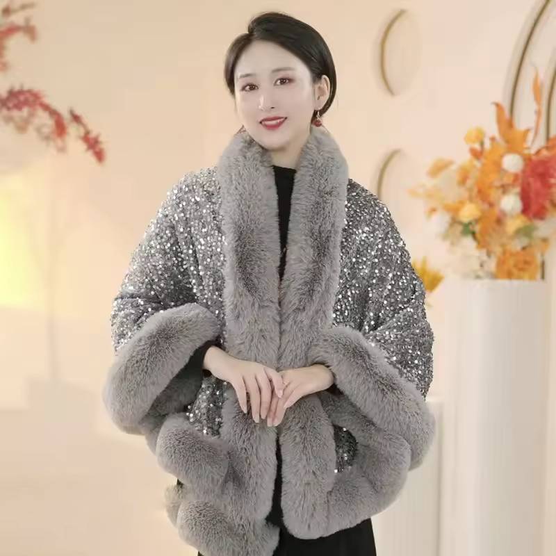 Elegant Shiny Paillette Faux Rex Rabbit Fur Cape Thicken Wraps Coat