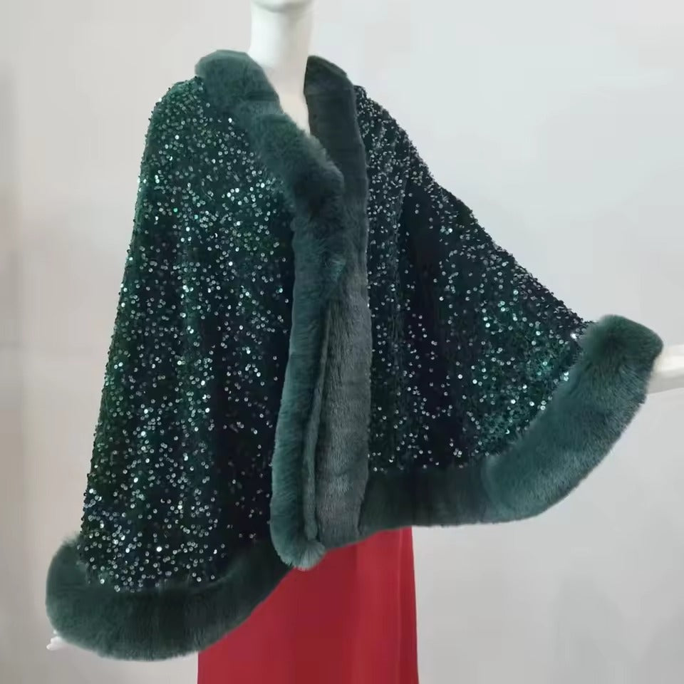Elegant Shiny Paillette Faux Rex Rabbit Fur Cape Thicken Wraps Coat