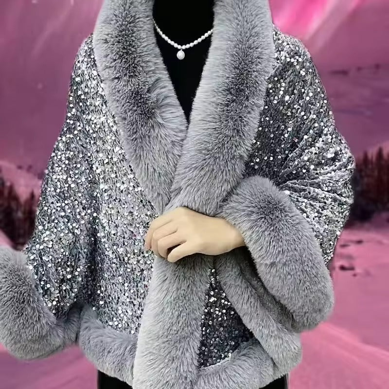 Elegant Shiny Paillette Faux Rex Rabbit Fur Cape Thicken Wraps Coat