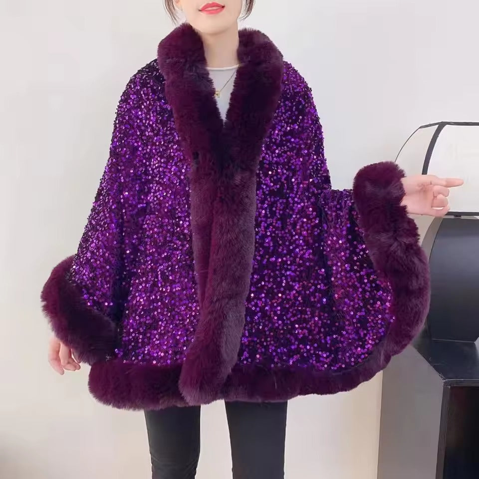 Elegant Shiny Paillette Faux Rex Rabbit Fur Cape Thicken Wraps Coat