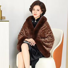 Elegant Shiny Paillette Faux Rex Rabbit Fur Cape Thicken Wraps Coat