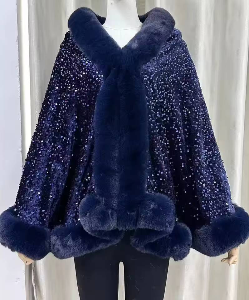 Elegant Shiny Paillette Faux Rex Rabbit Fur Cape Thicken Wraps Coat