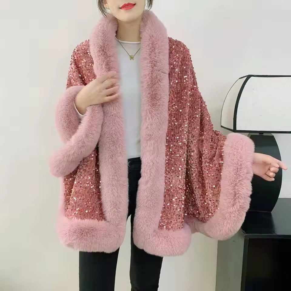 Elegant Shiny Paillette Faux Rex Rabbit Fur Cape Thicken Wraps Coat